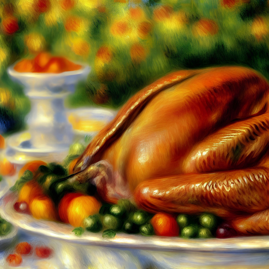 Realistic painting of roasted turkey with green peas and citrus fruit on platter.