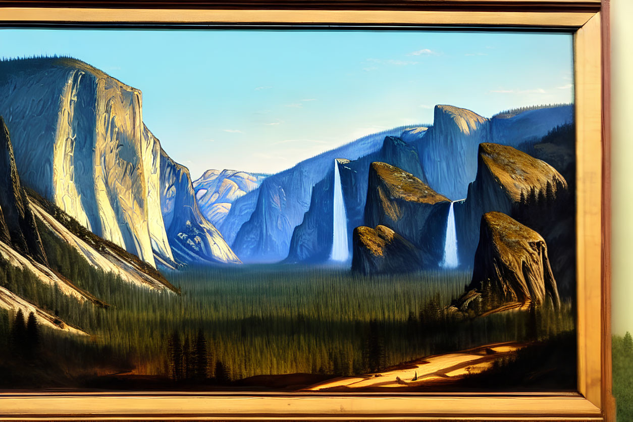 Scenic valley painting with cliffs, waterfalls, and forest under blue sky in wooden frame