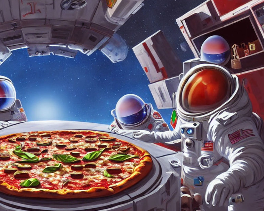 Astronauts with pepperoni pizza in space scene.