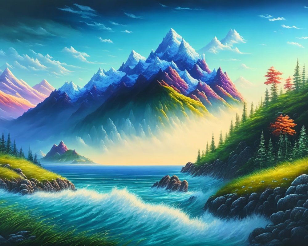 Colorful mountain landscape with river, pine trees, and blue sky