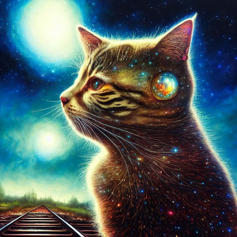 Colorful cat art with cosmic patterns on starry night background