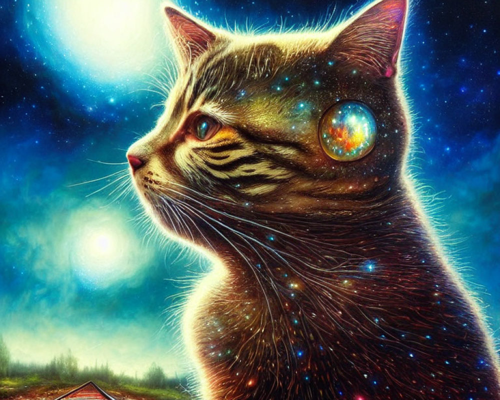 Colorful cat art with cosmic patterns on starry night background