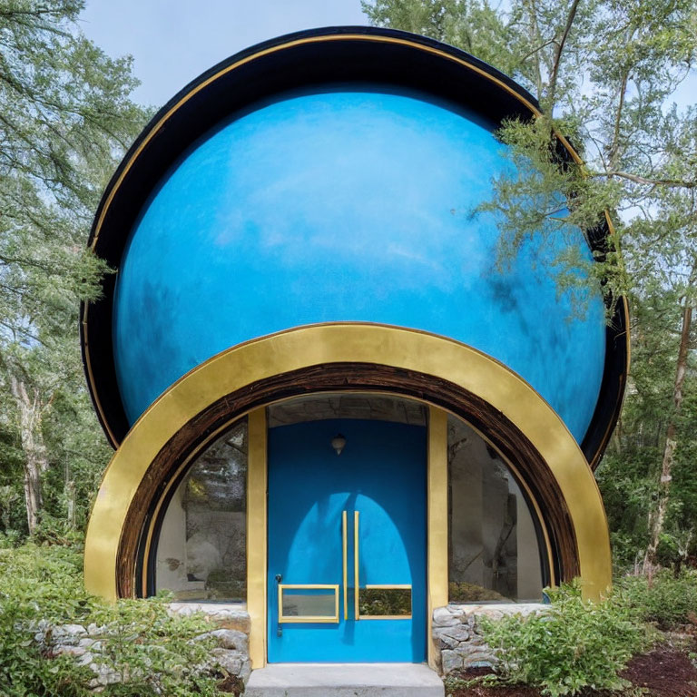 Circular blue building with golden archway in forest setting