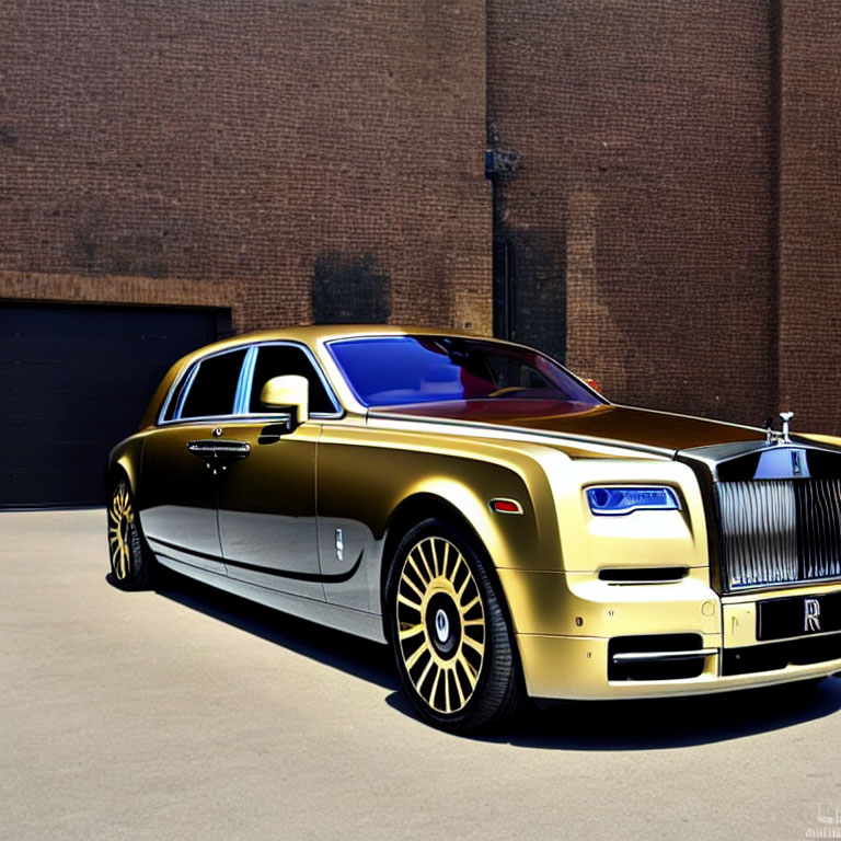 Luxurious Gold Rolls-Royce with Iconic Grille and Spirit of Ecstasy Hood Ornament