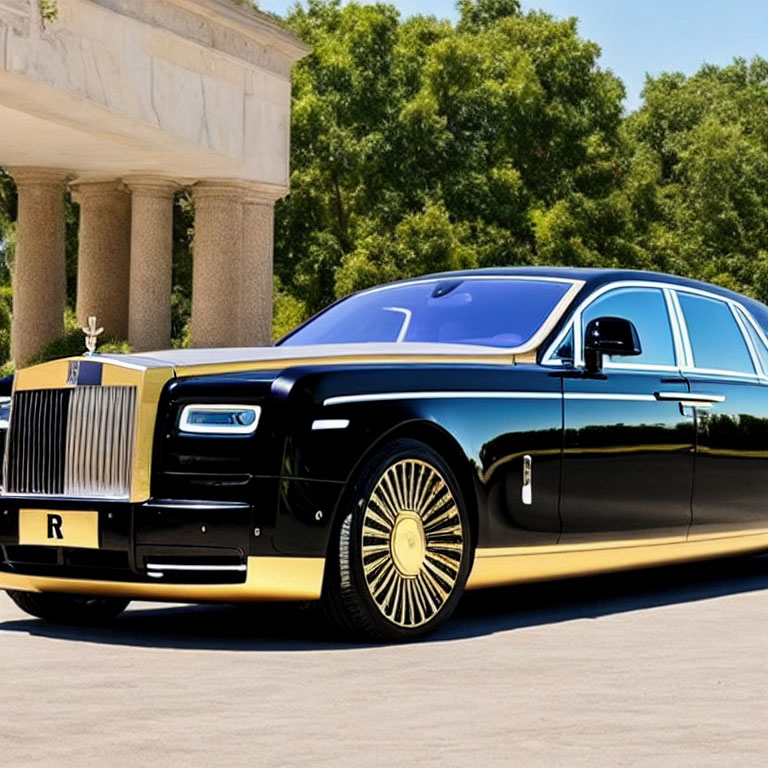 Luxurious Black and Gold Rolls-Royce with Reflective Wheels in Front of White-Columned