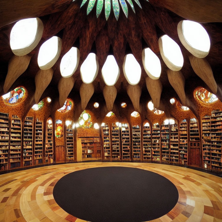 Circular Layout Library with Wooden Columns & Stained Glass Windows