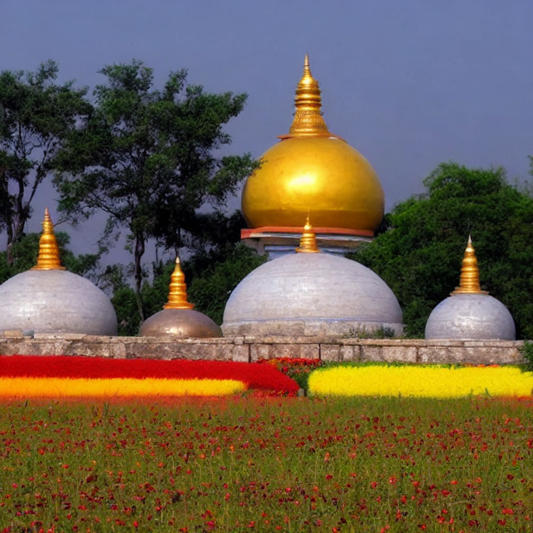 White Domes with Golden Finials Amid Colorful Blooming Flowers