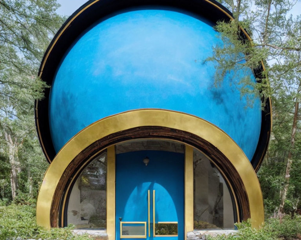 Circular blue building with golden archway in forest setting