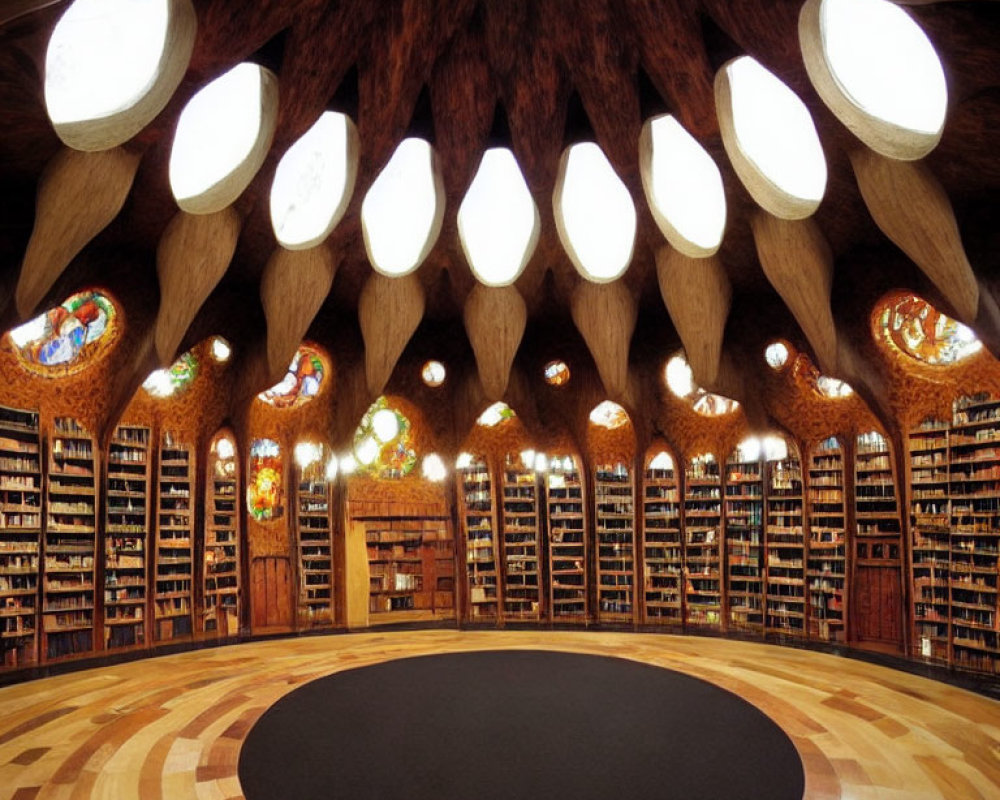 Circular Layout Library with Wooden Columns & Stained Glass Windows