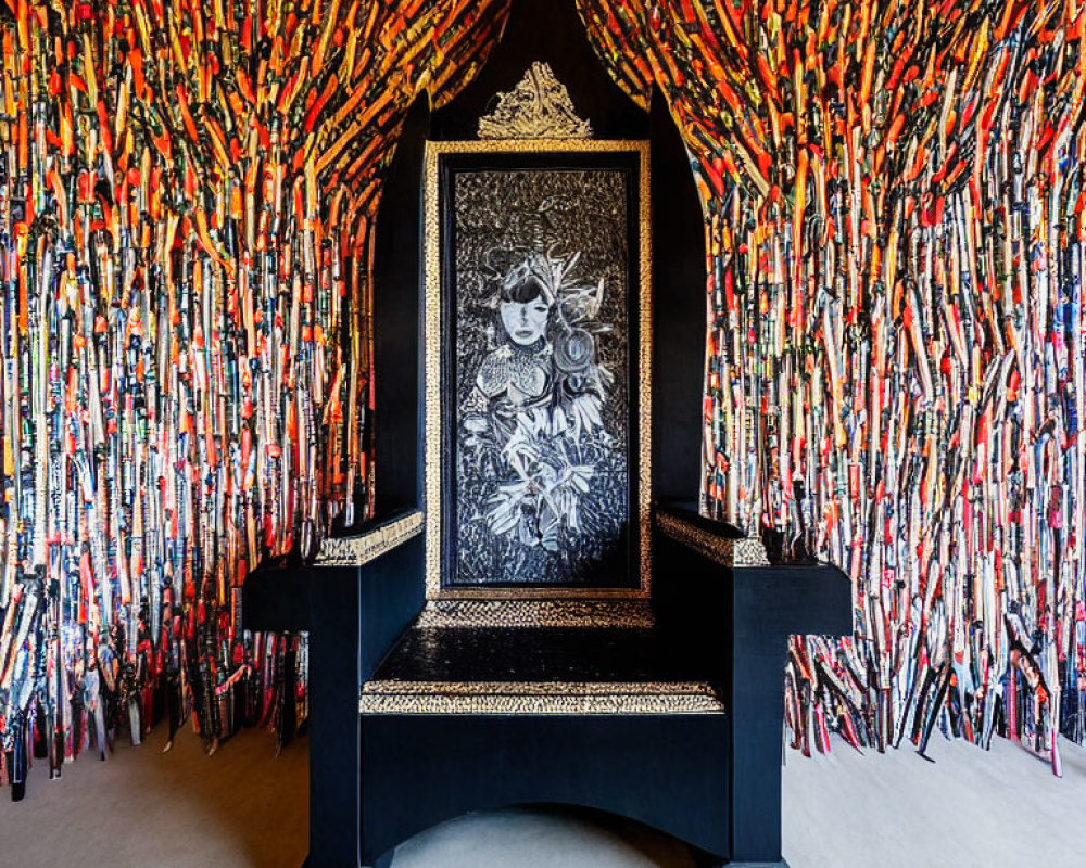 Ornate Black Chair with Colorful Threads and Portrait