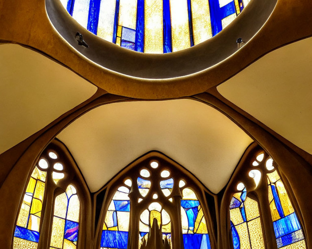 Modernist Building Interior with Vibrant Blue and Yellow Stained Glass Windows