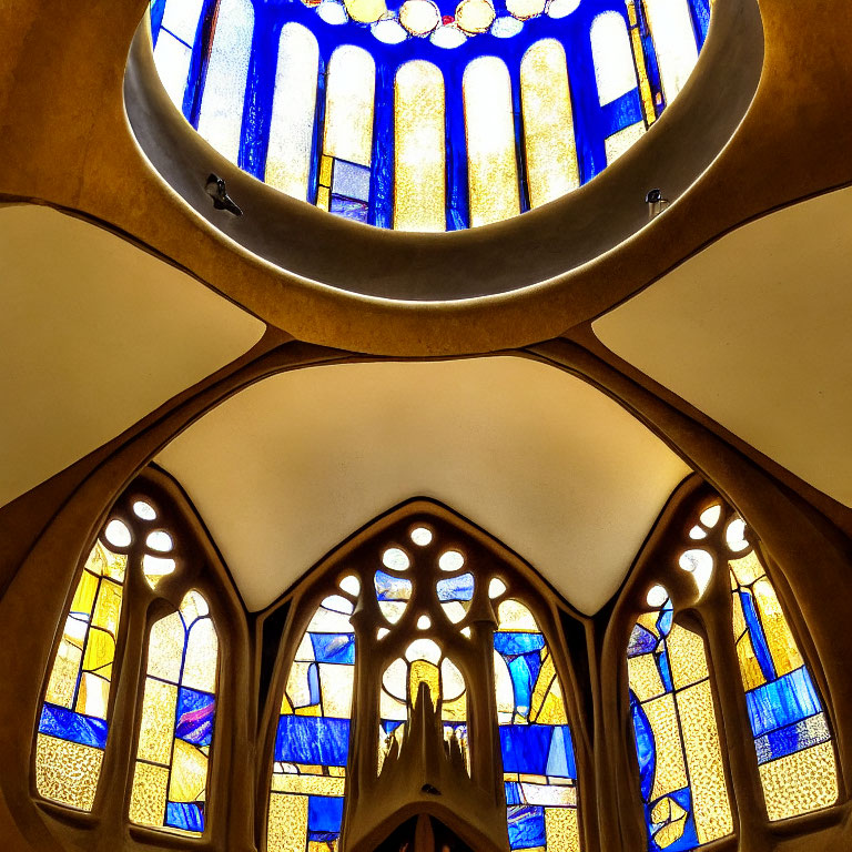 Modernist Building Interior with Vibrant Blue and Yellow Stained Glass Windows