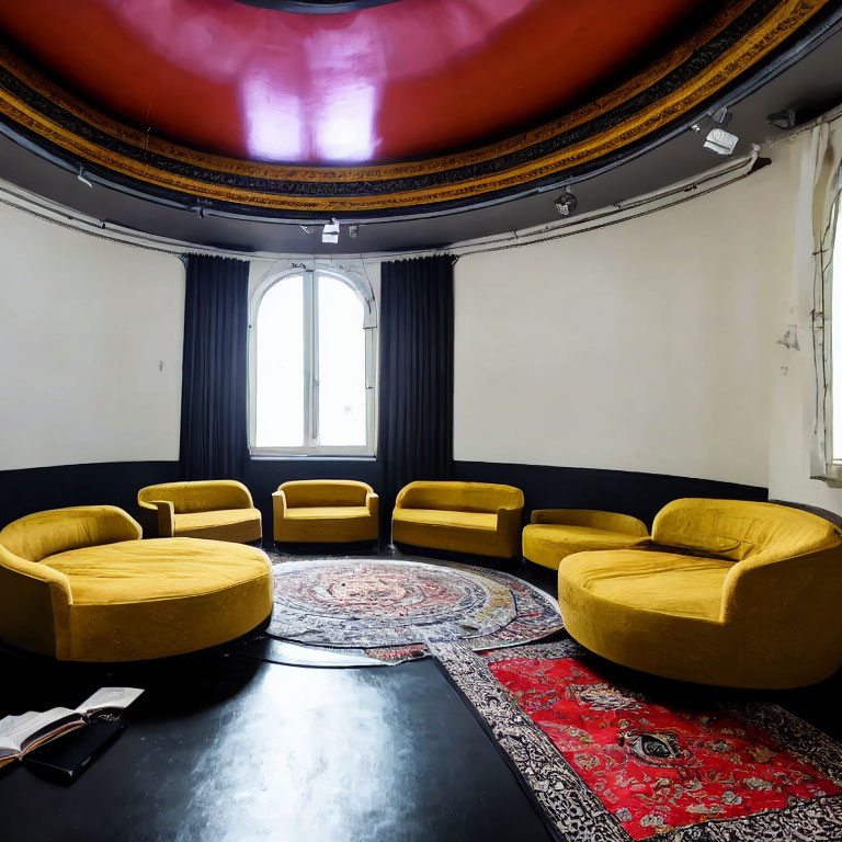 Circular room with red domed ceiling, black walls, yellow sofas, colorful rug, and natural light