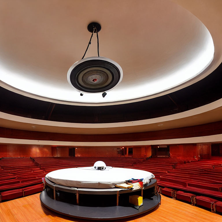 Circular modern lecture hall with white dome ceiling and central podium.