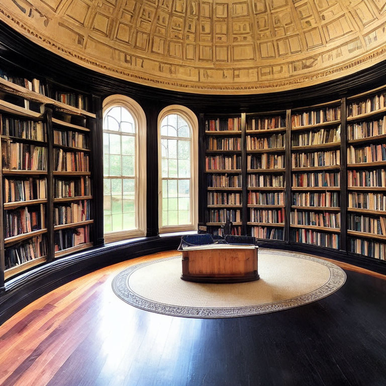 Circular library room with floor-to-ceiling bookshelves, round rug, large windows, and orn