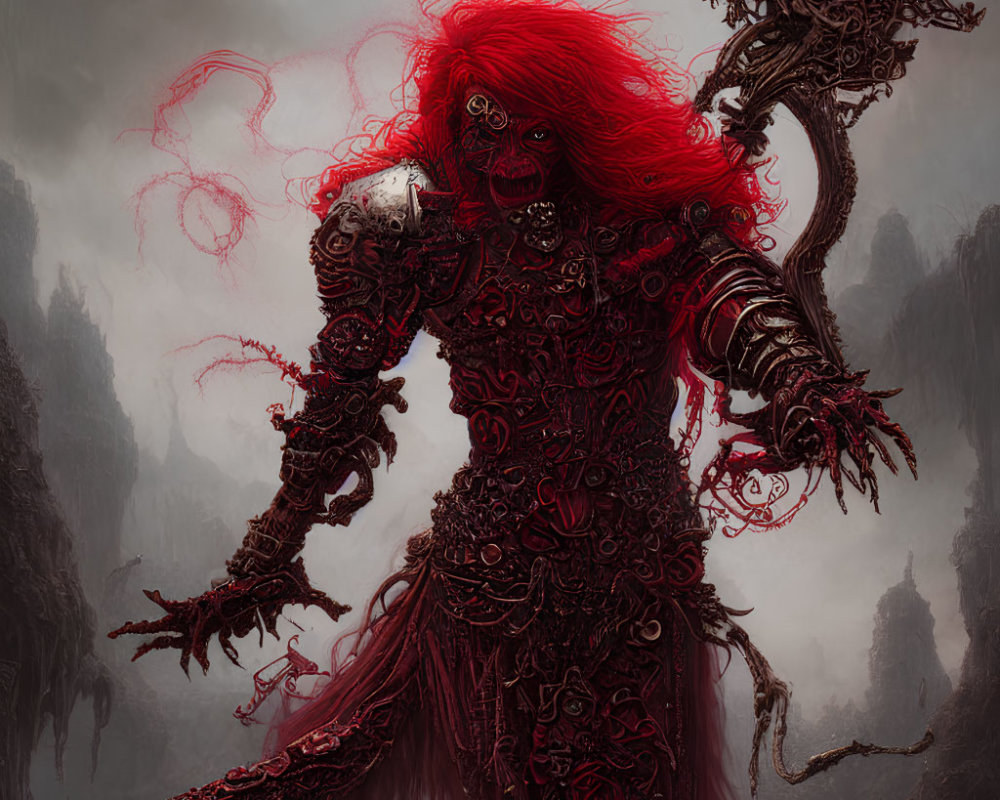 Sinister figure in dark armor with red hair in misty landscape