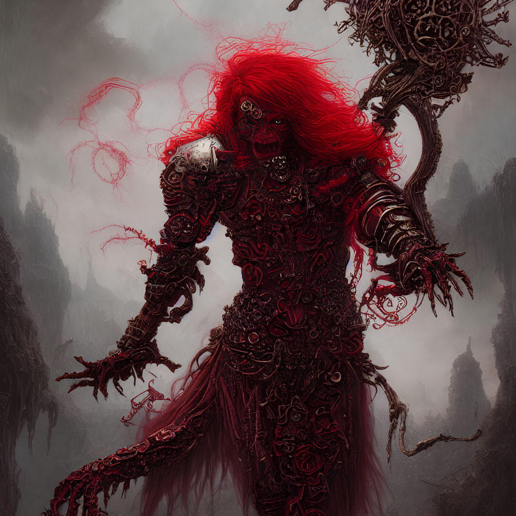 Sinister figure in dark armor with red hair in misty landscape