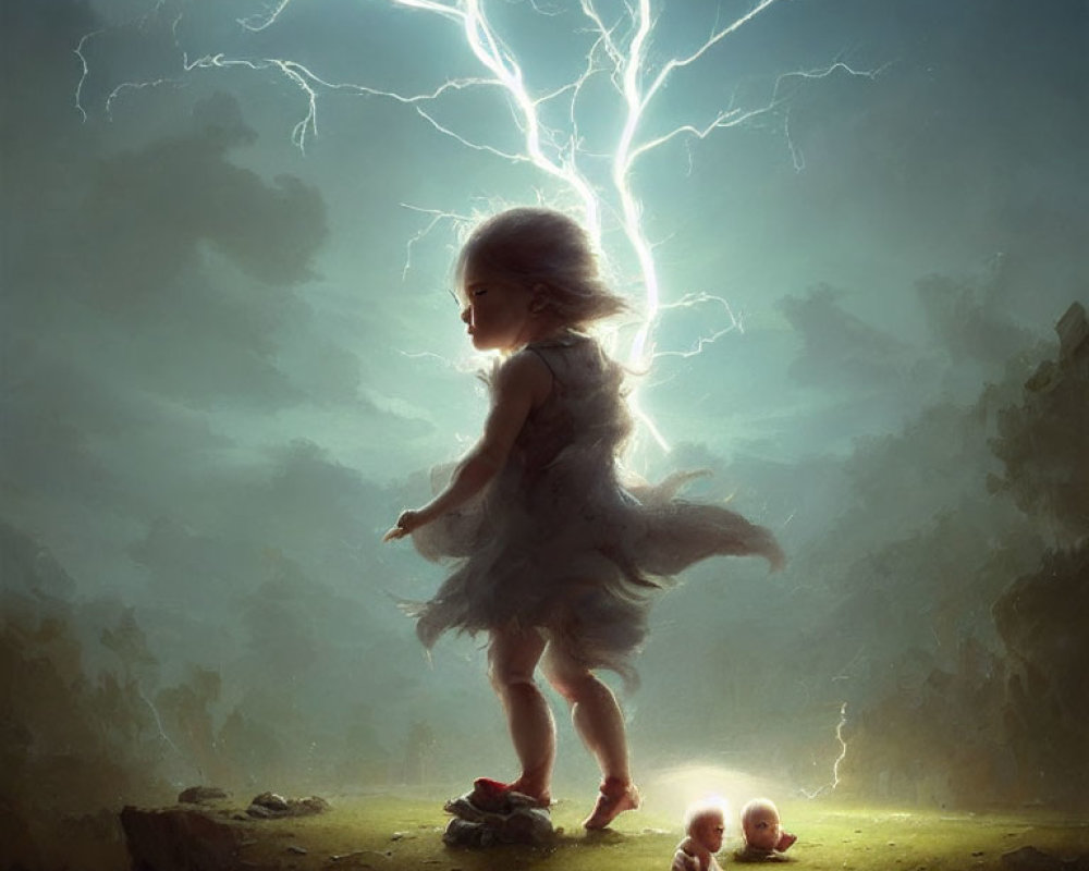 Young girl in flowing dress in mystical landscape with lightning bolt and glowing figures