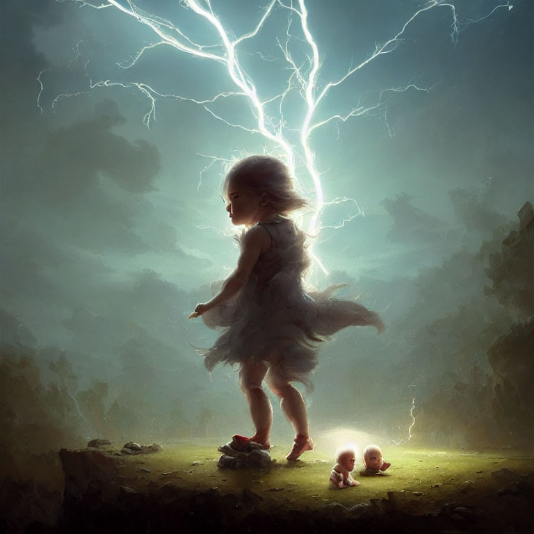 Young girl in flowing dress in mystical landscape with lightning bolt and glowing figures