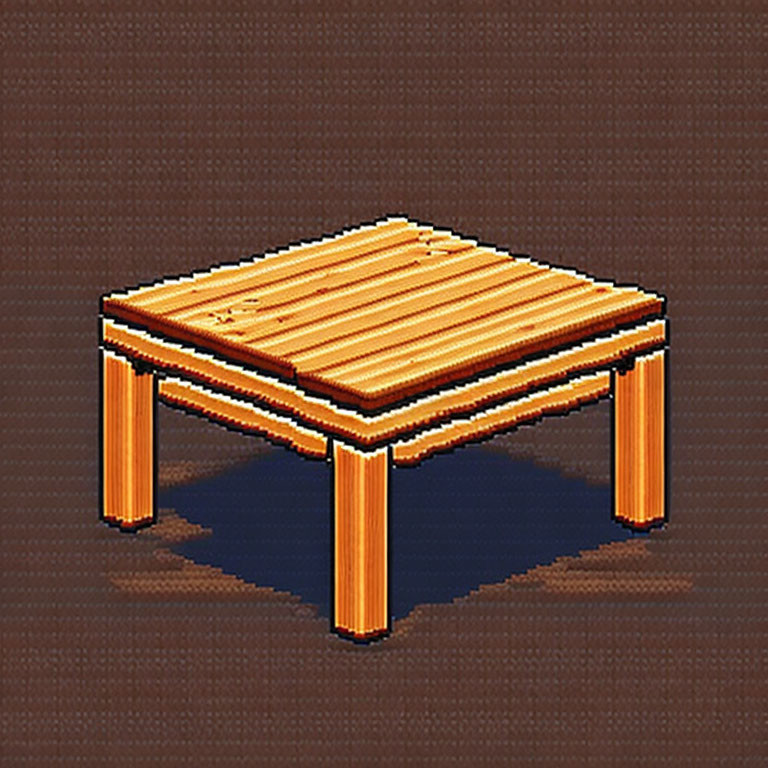 Detailed Pixel Art of Simple Wooden Table on Brown Background