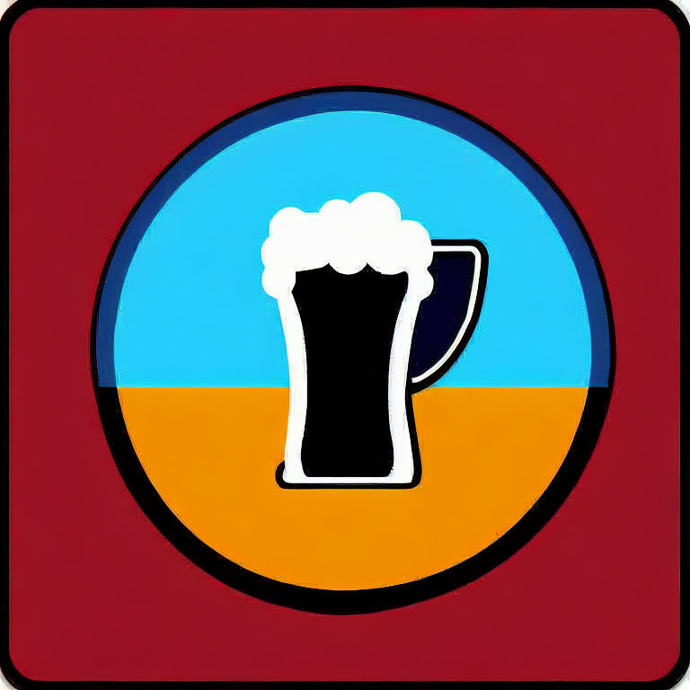 Stylized frothy beer mug icon on split blue and orange background with maroon square