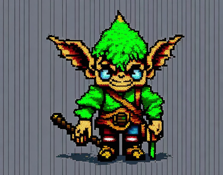 Fantasy goblin pixel art with green hair, pointed ears, green outfit, and sword