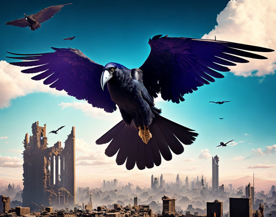 Majestic raven soaring against surreal skyline