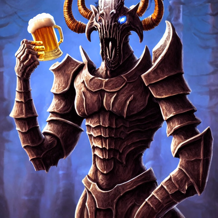 Fantasy armored character with horns and glowing blue eyes holding a mug of beer.