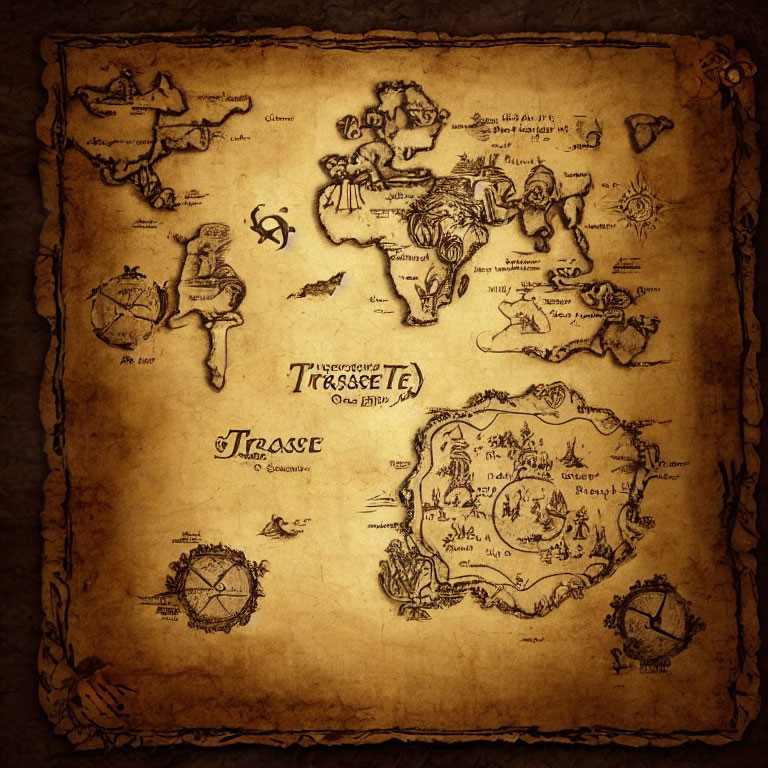 Aged sepia treasure map with whimsical drawings and pirate theme