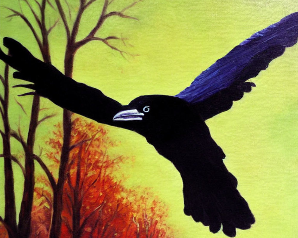 Autumnal painting featuring black bird in flight amid bare trees.