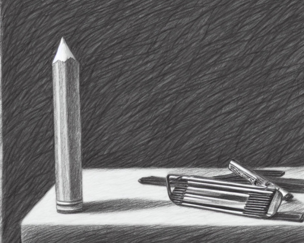 Monochrome pencil drawing of upright pencil and sketch pencils on shaded surface