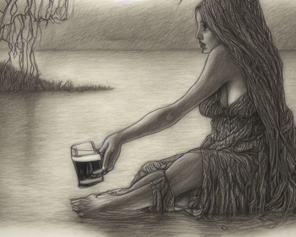 Woman with Long Hair Holding Beer by Water's Edge