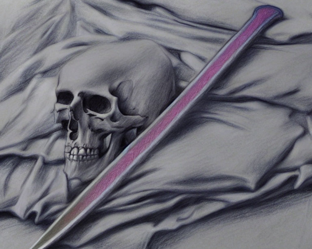 Detailed pencil drawing of human skull with cloth and pink nail.