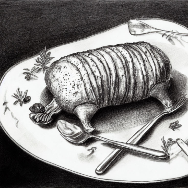 Detailed pencil sketch of a Hasselback potato with herbs and spices