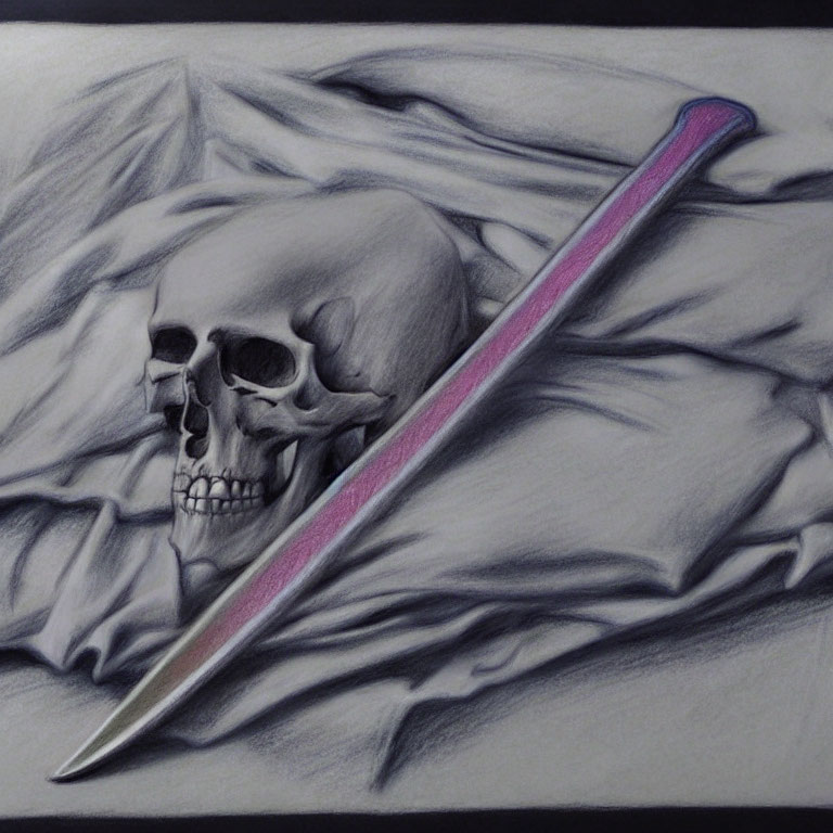 Detailed pencil drawing of human skull with cloth and pink nail.