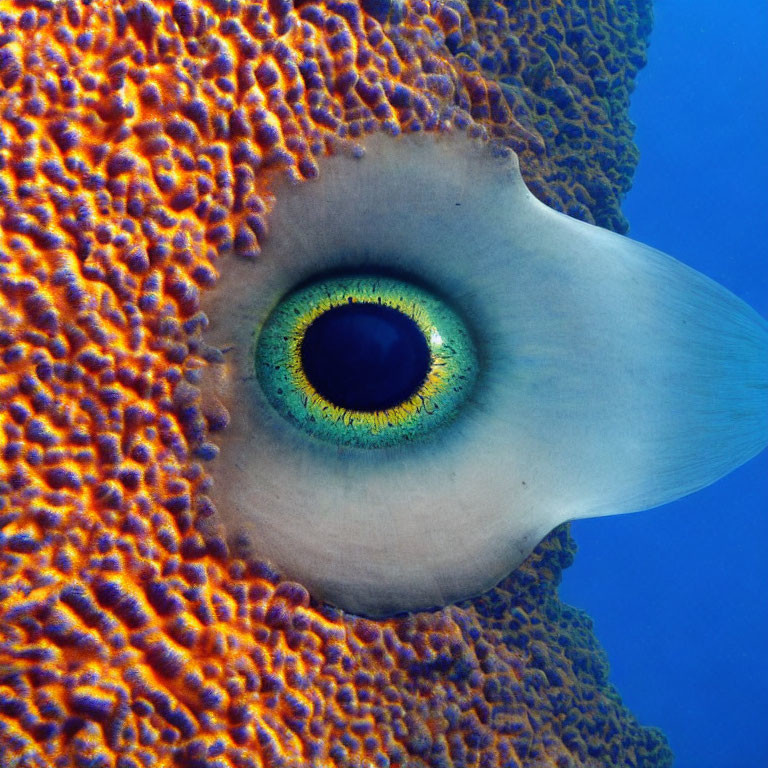 Colorful fish eye in coral with orange and purple textures underwater