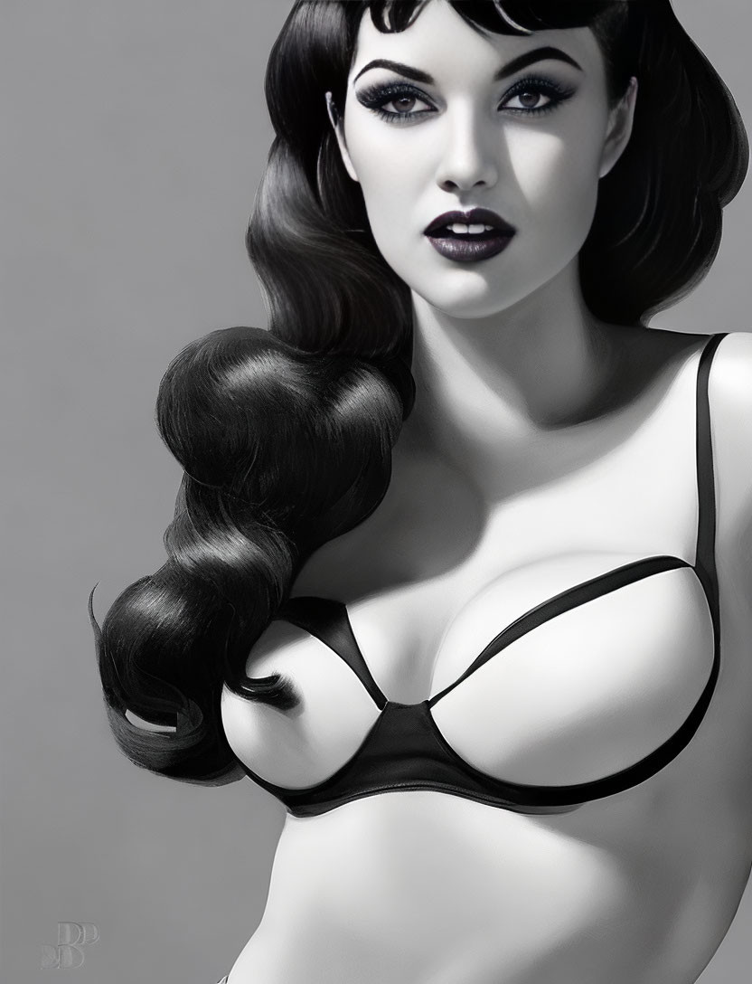 Monochrome portrait of a woman with wavy hair and dark lipstick