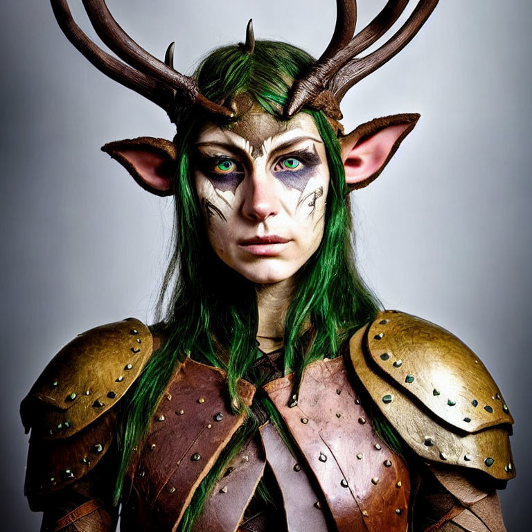 Cosplayer with realistic deer antlers and green hair