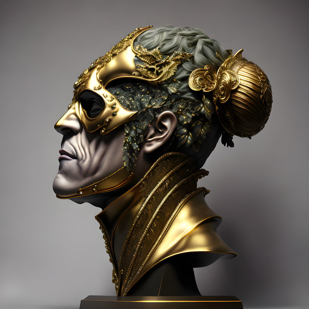 3D-rendered bust with golden mask and baroque detailing