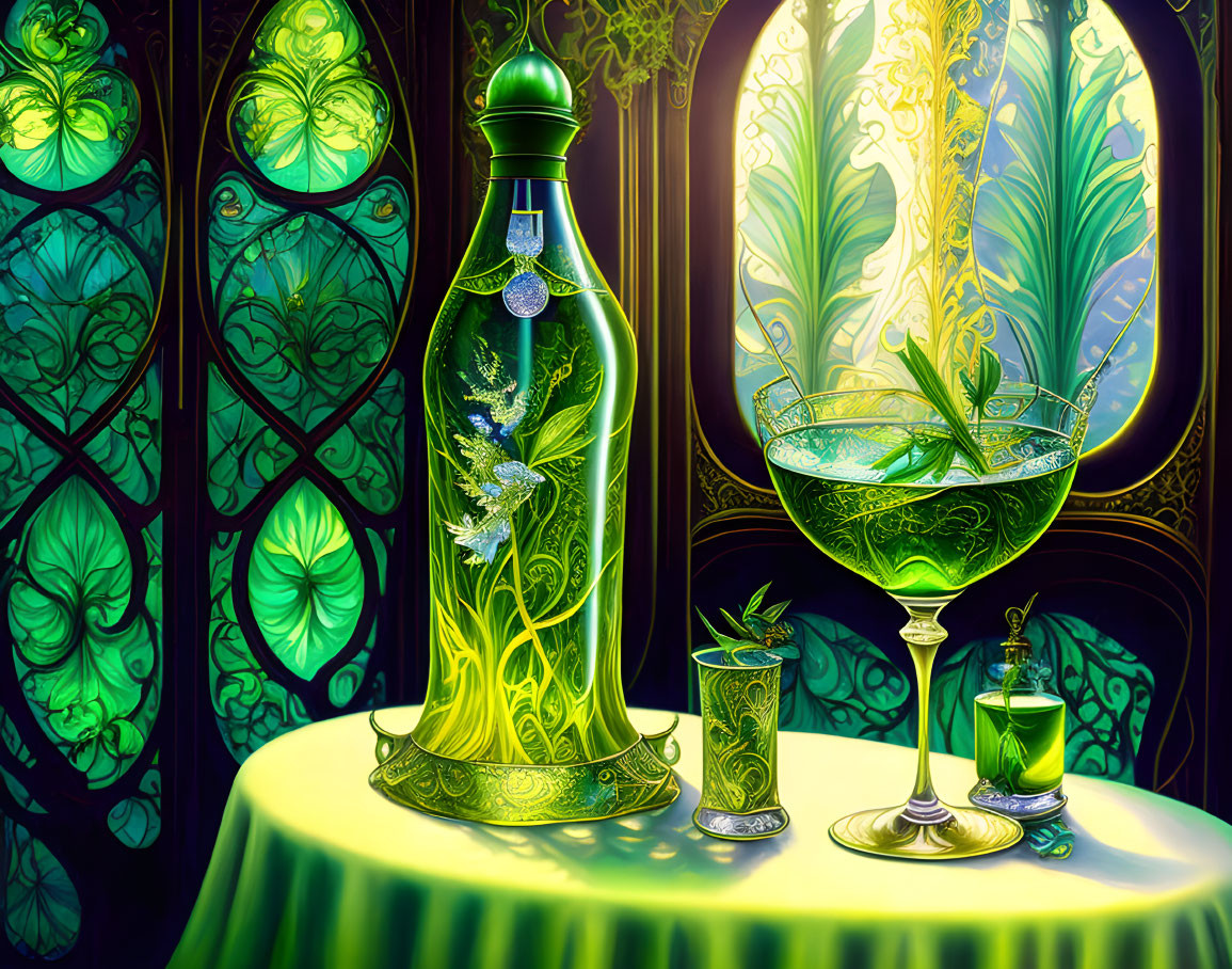 Green and Gold Glassware Set Against Intricate Stained Glass Background