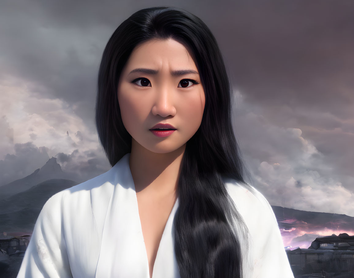 Woman with Long Black Hair in White Attire Against Stormy Sky and Mountains