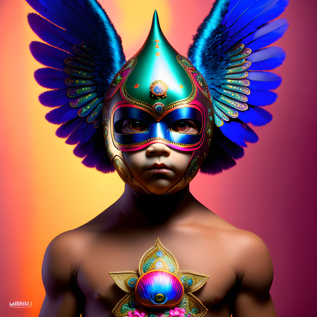 Ornate Mask with Blue Feathers and Jewels on Gradient Background