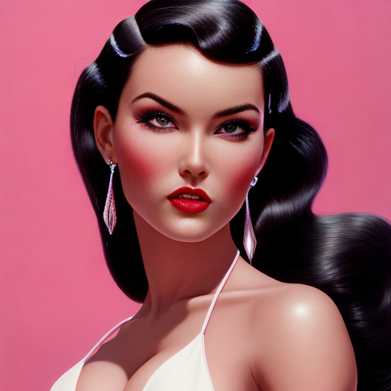 Digital artwork: Woman with porcelain skin, red lips, bold eyeliner, black hair, earrings,