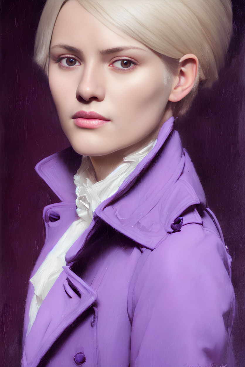 Blonde Woman in Purple Jacket and White Shirt on Dark Background