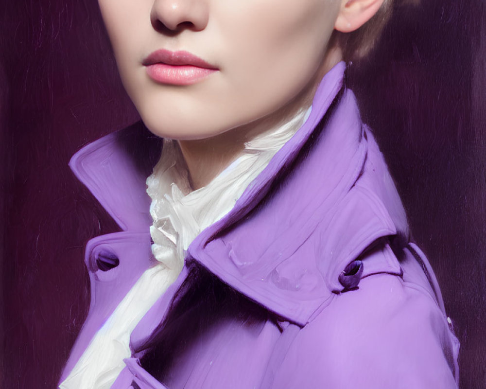 Blonde Woman in Purple Jacket and White Shirt on Dark Background