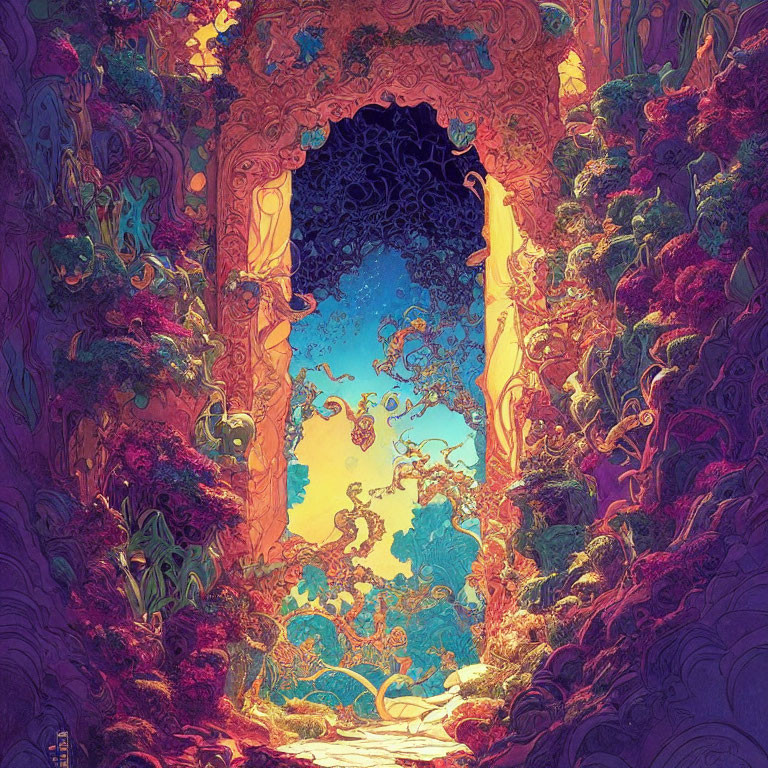 Fantasy archway with intricate foliage under starry sky