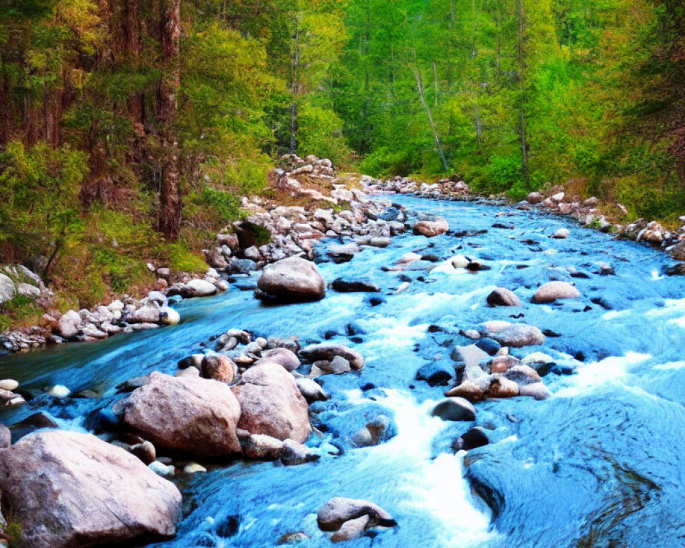 Serene forest scene: vibrant blue river, lush green trees