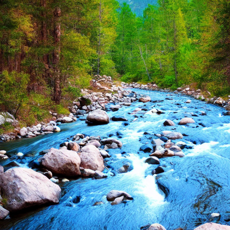 Serene forest scene: vibrant blue river, lush green trees