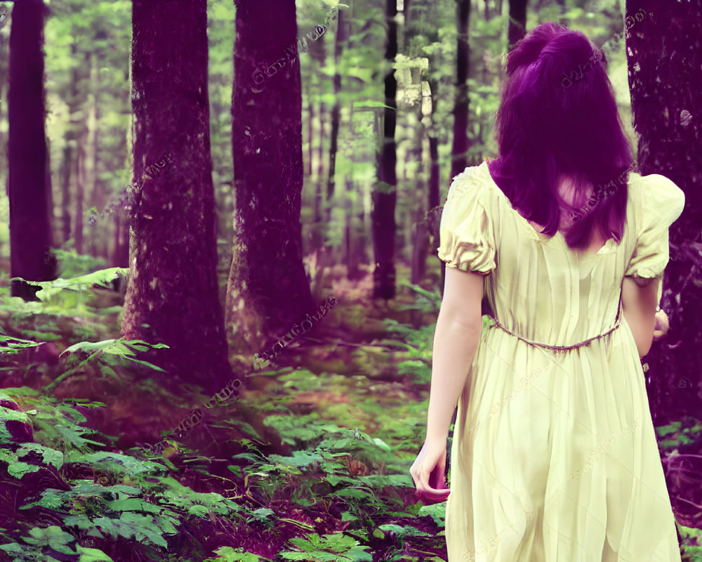 Purple-haired woman in vintage yellow dress in lush green forest with trees and ferns