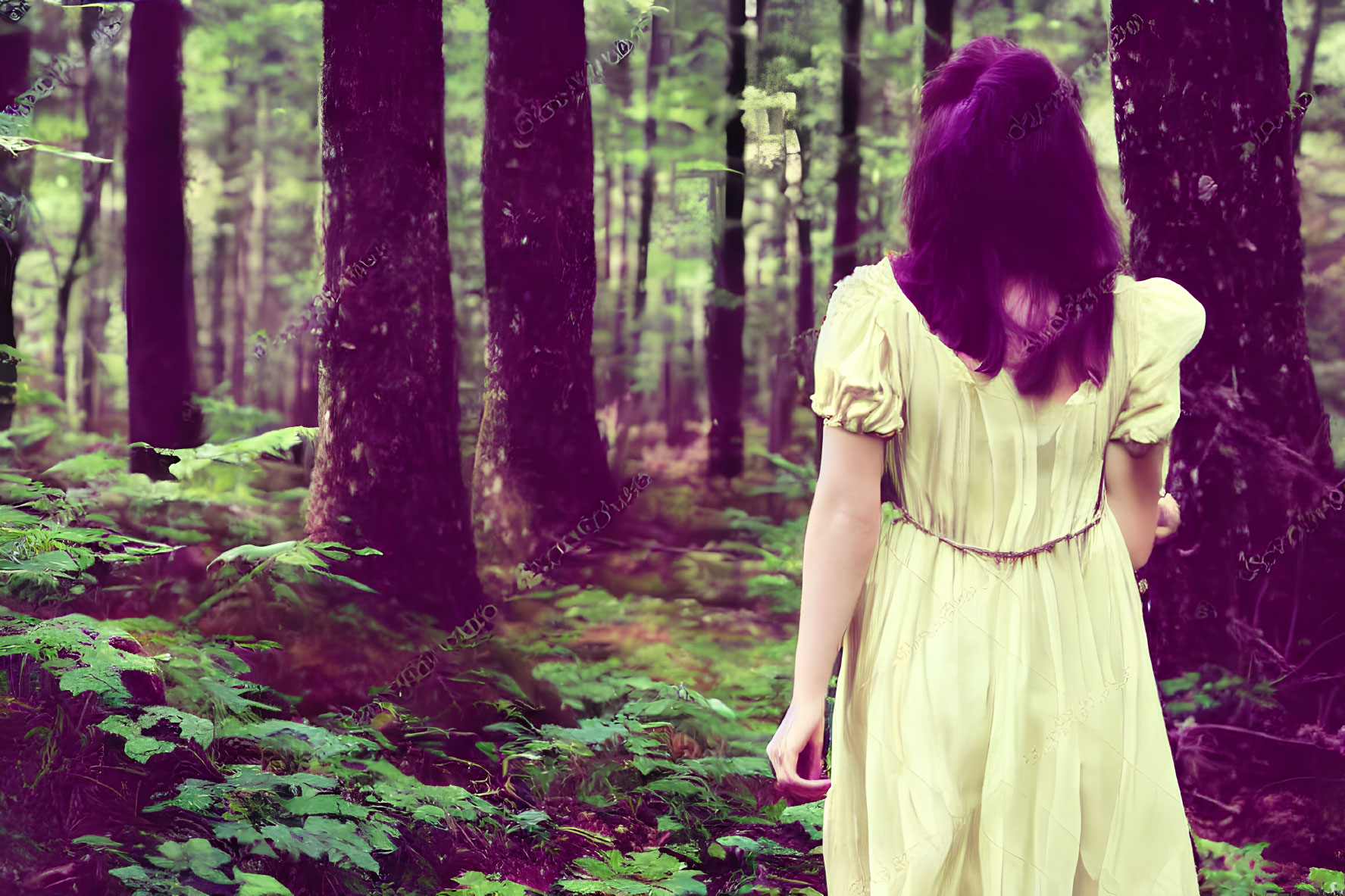 Purple-haired woman in vintage yellow dress in lush green forest with trees and ferns